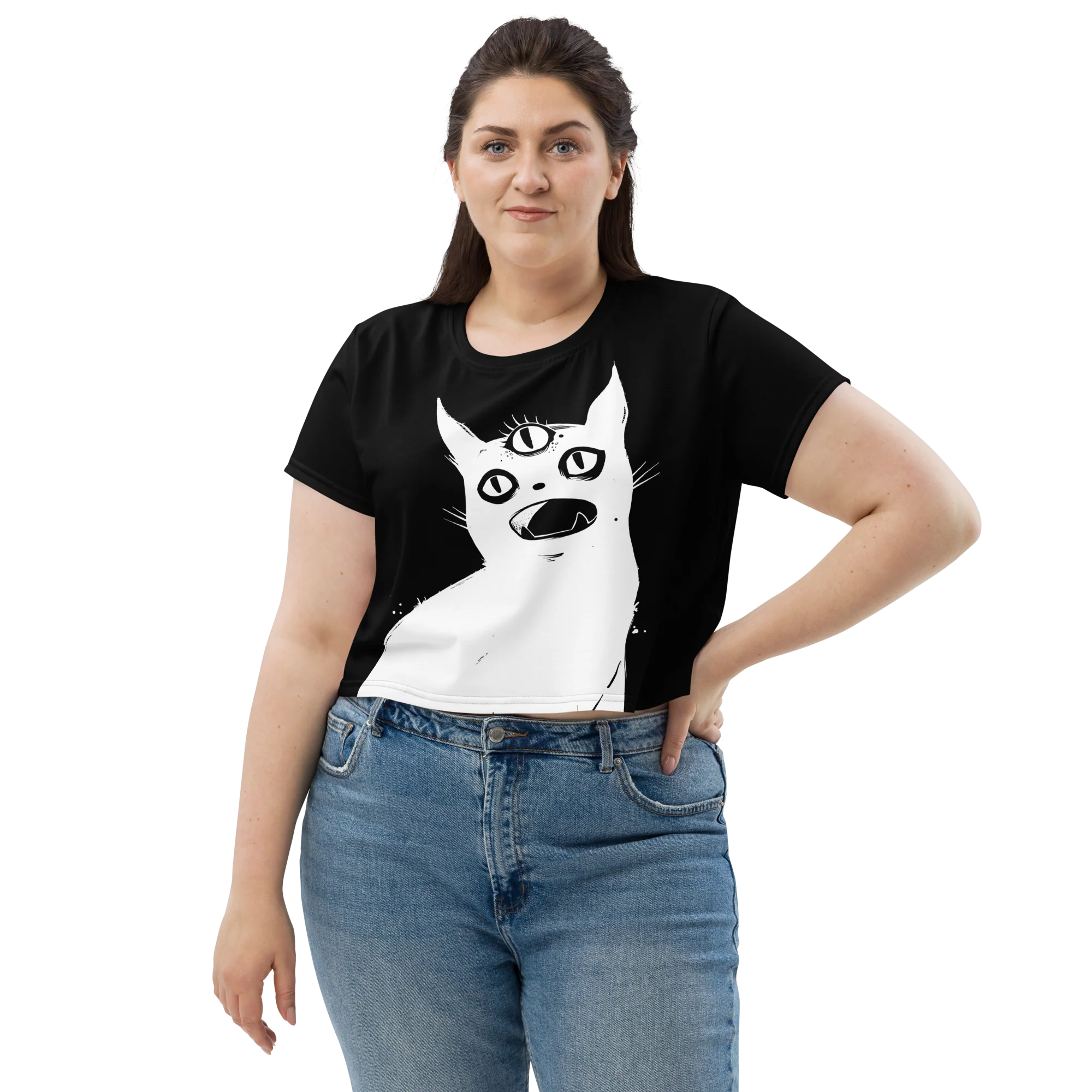 Third Eye White Cat, Sublimation Crop Top - Image 4