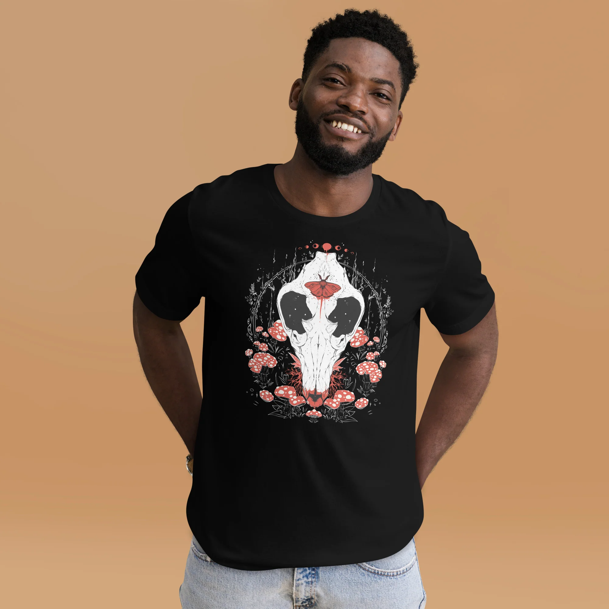 Amanita Muscaria Mushroom And Canis Lupus Wolf Skull, Unisex T-Shirt - Image 2