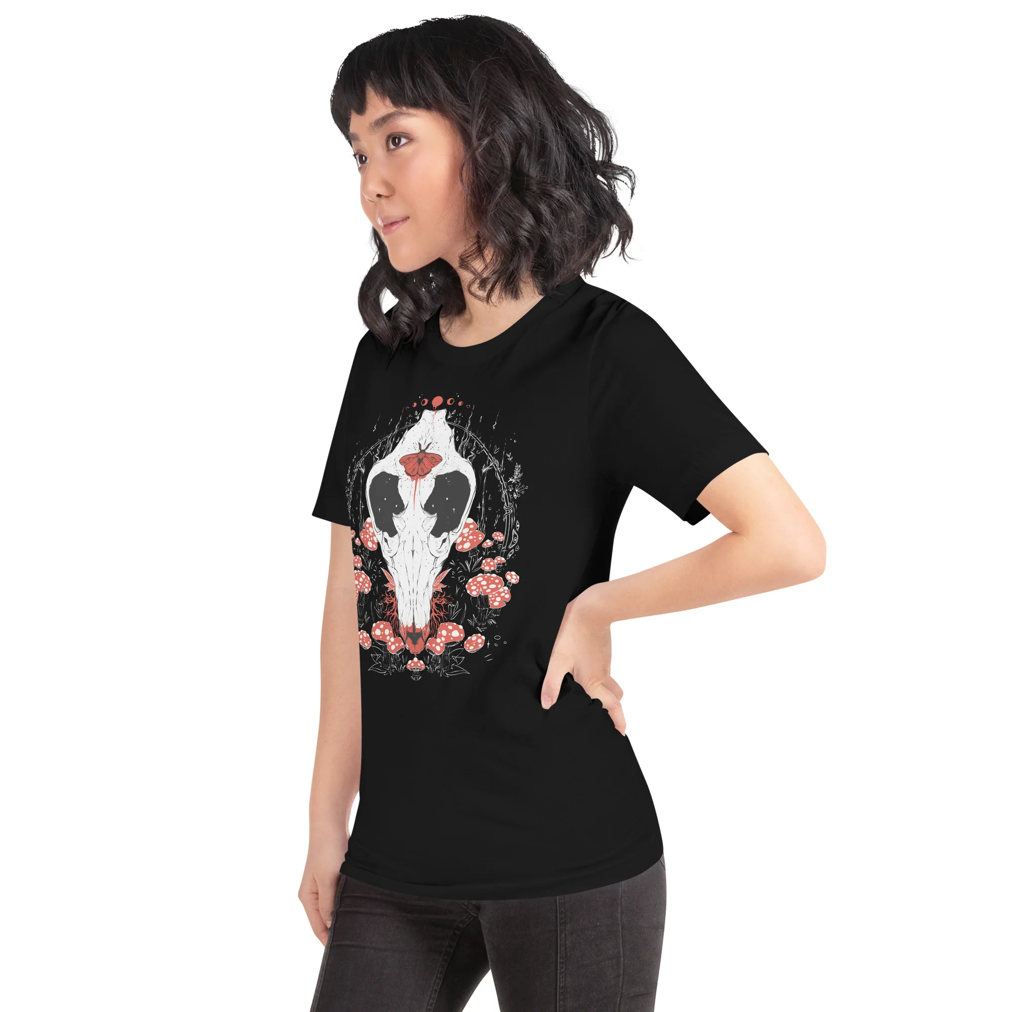 Amanita Muscaria Mushroom And Canis Lupus Wolf Skull, Unisex T-Shirt - Image 5