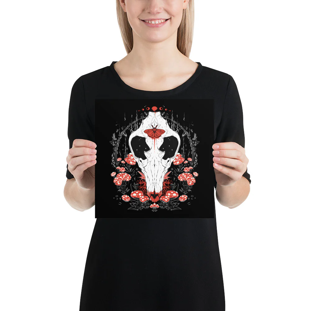 Amanita Muscaria Mushroom And Canis Lupus Wolf Skull, Matte Art Print Poster - Image 4