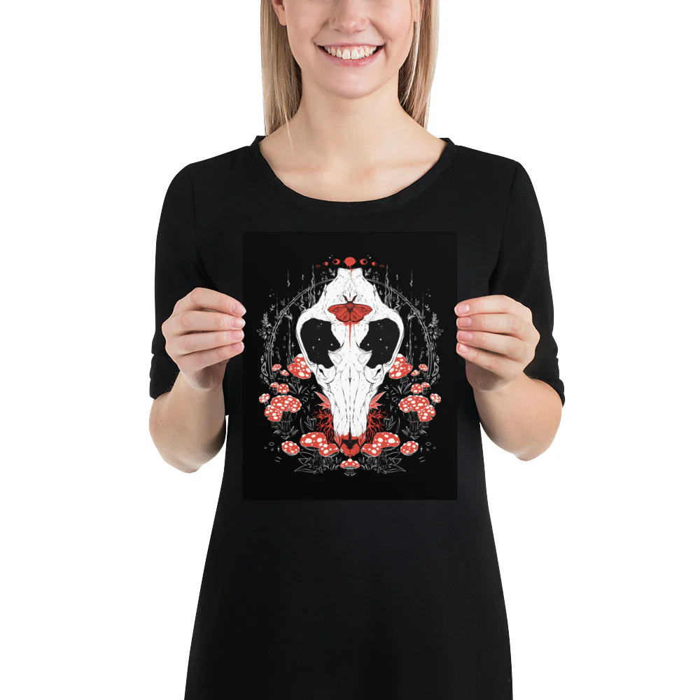 Amanita Muscaria Mushroom And Canis Lupus Wolf Skull, Matte Art Print Poster - Image 5