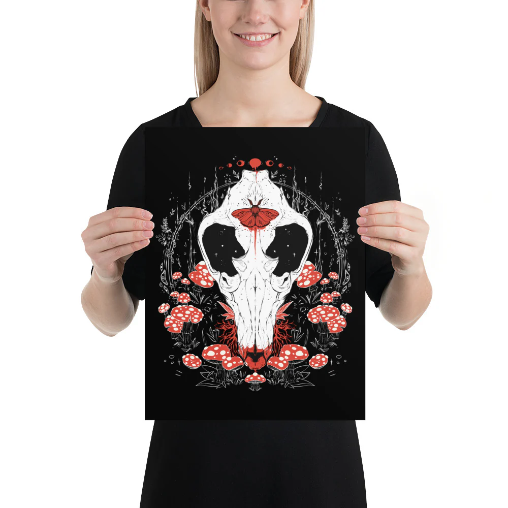 Amanita Muscaria Mushroom And Canis Lupus Wolf Skull, Matte Art Print Poster - Image 6