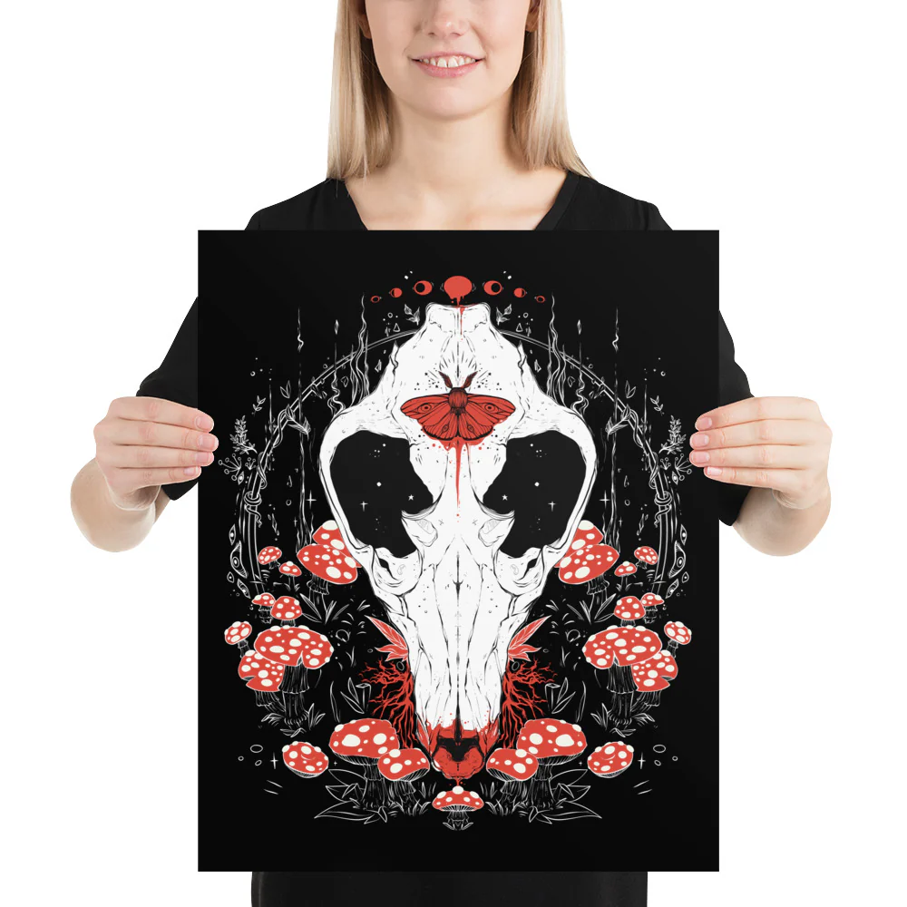 Amanita Muscaria Mushroom And Canis Lupus Wolf Skull, Matte Art Print Poster - Image 8