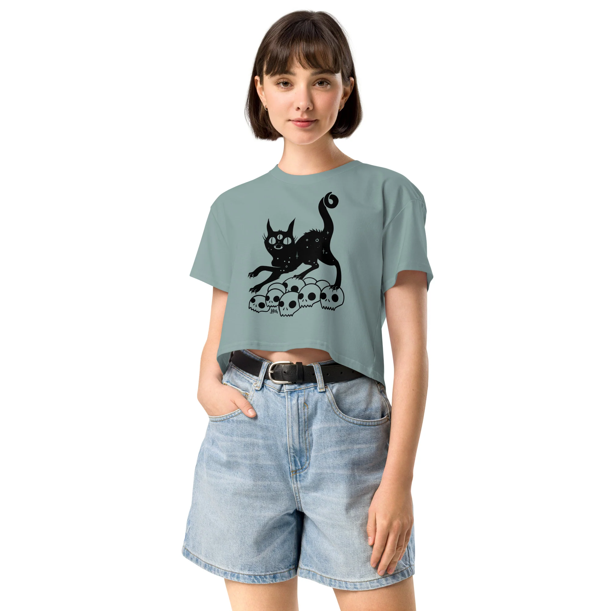 Black Cat On Skulls, Relaxed Crop Top - Image 3