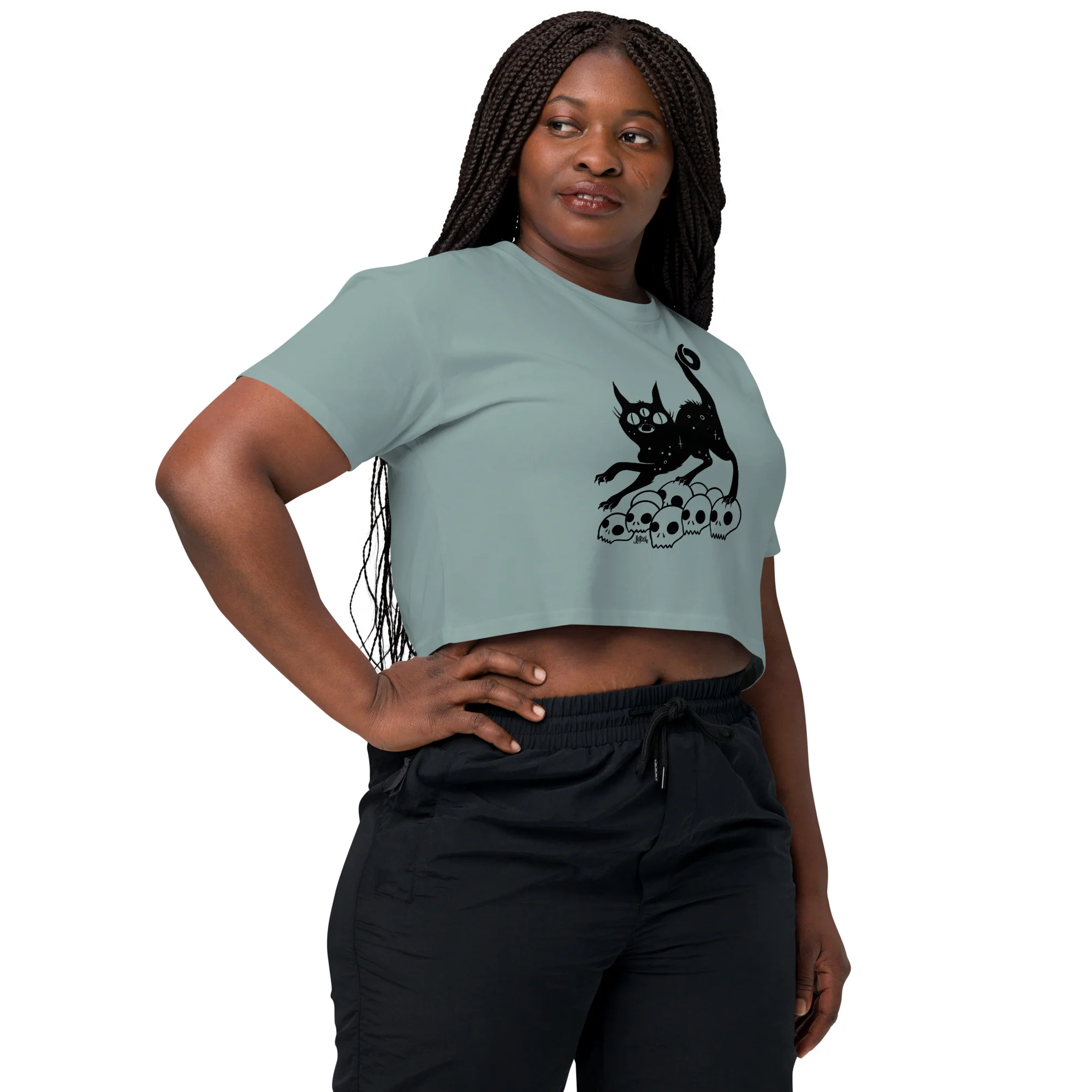 Black Cat On Skulls, Relaxed Crop Top - Image 4
