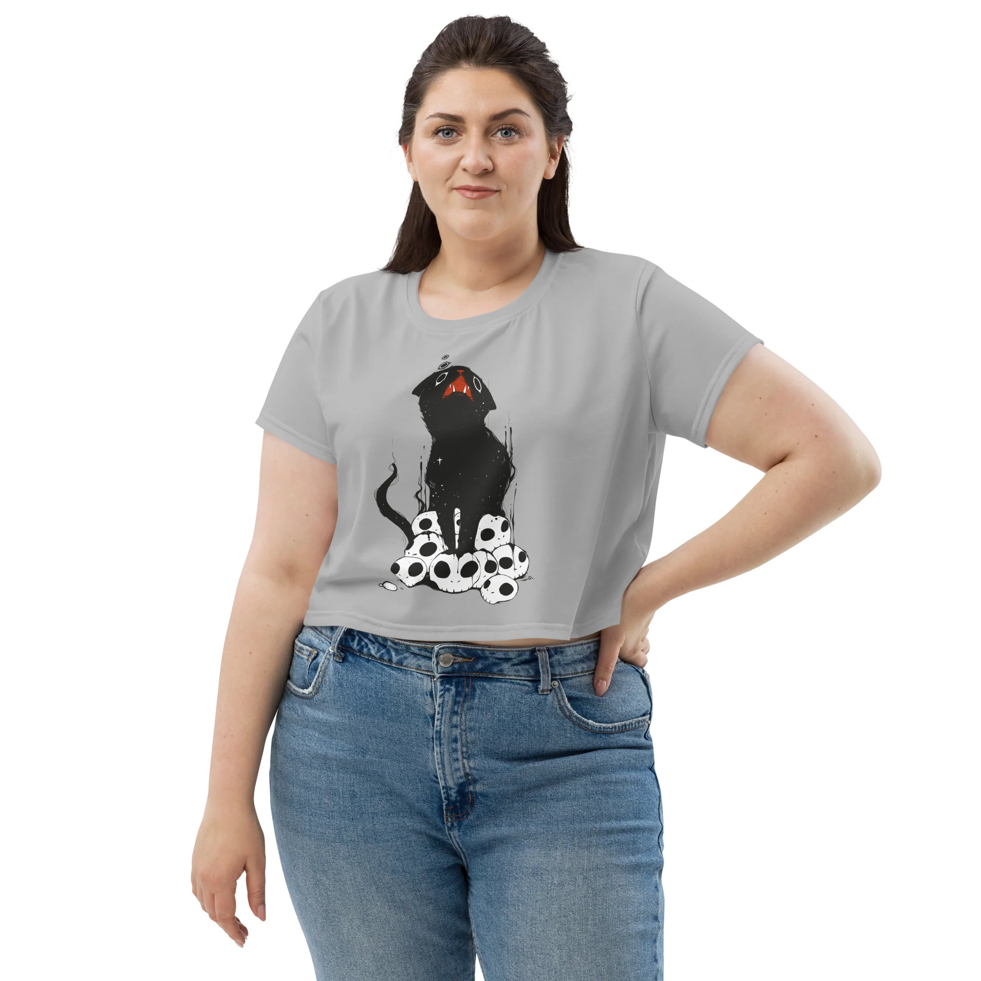 Black Cat On Skulls, Sublimation Crop Top - Image 2