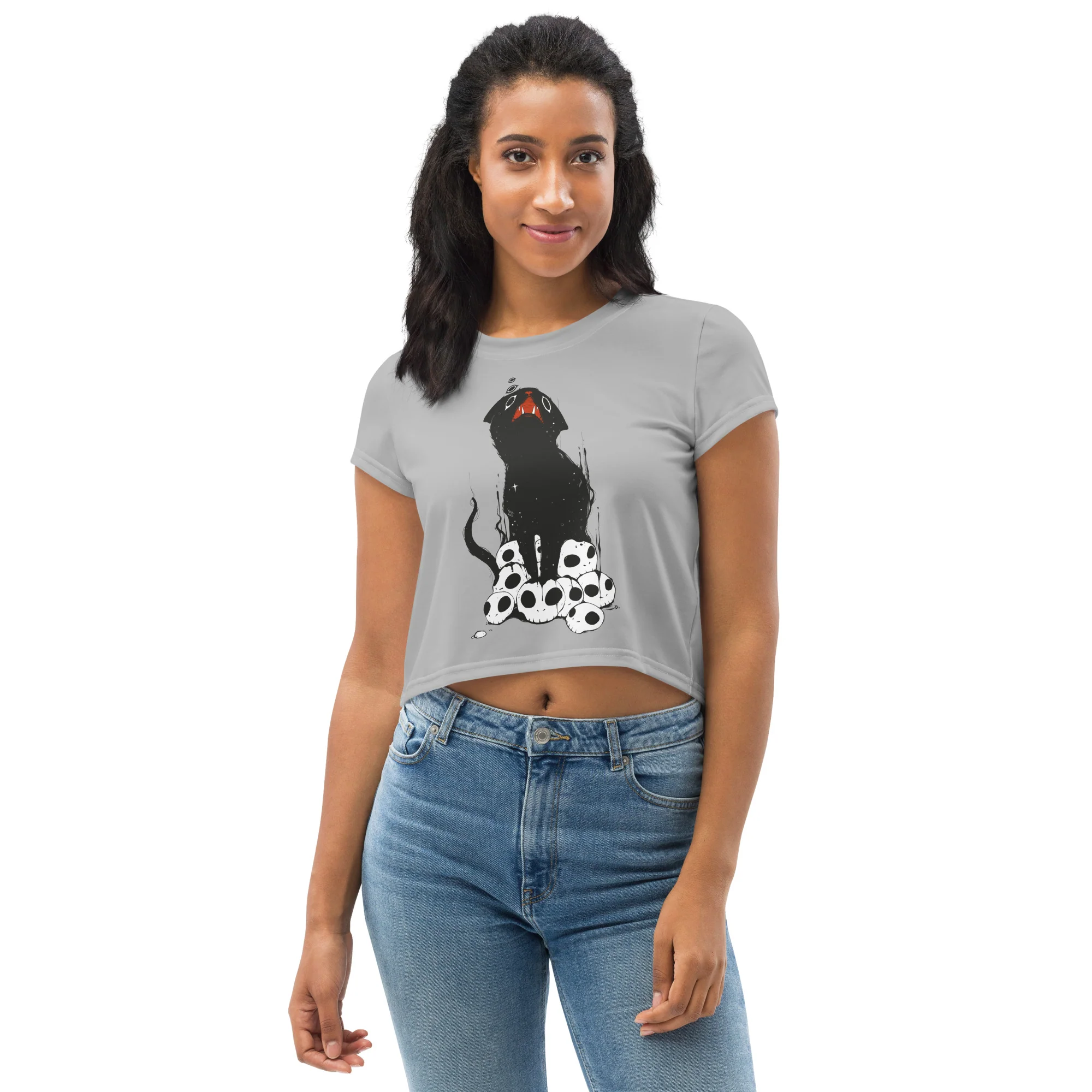 Black Cat On Skulls, Sublimation Crop Top - Image 3