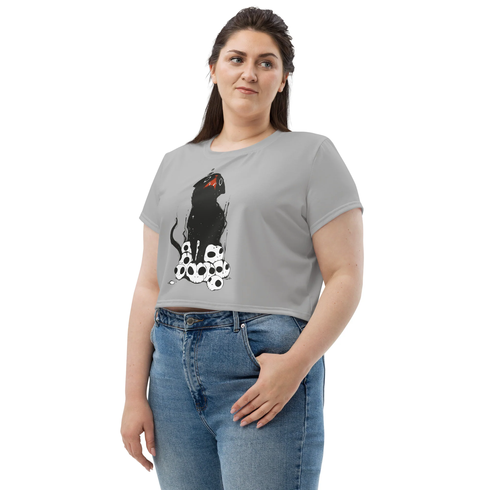 Black Cat On Skulls, Sublimation Crop Top - Image 6