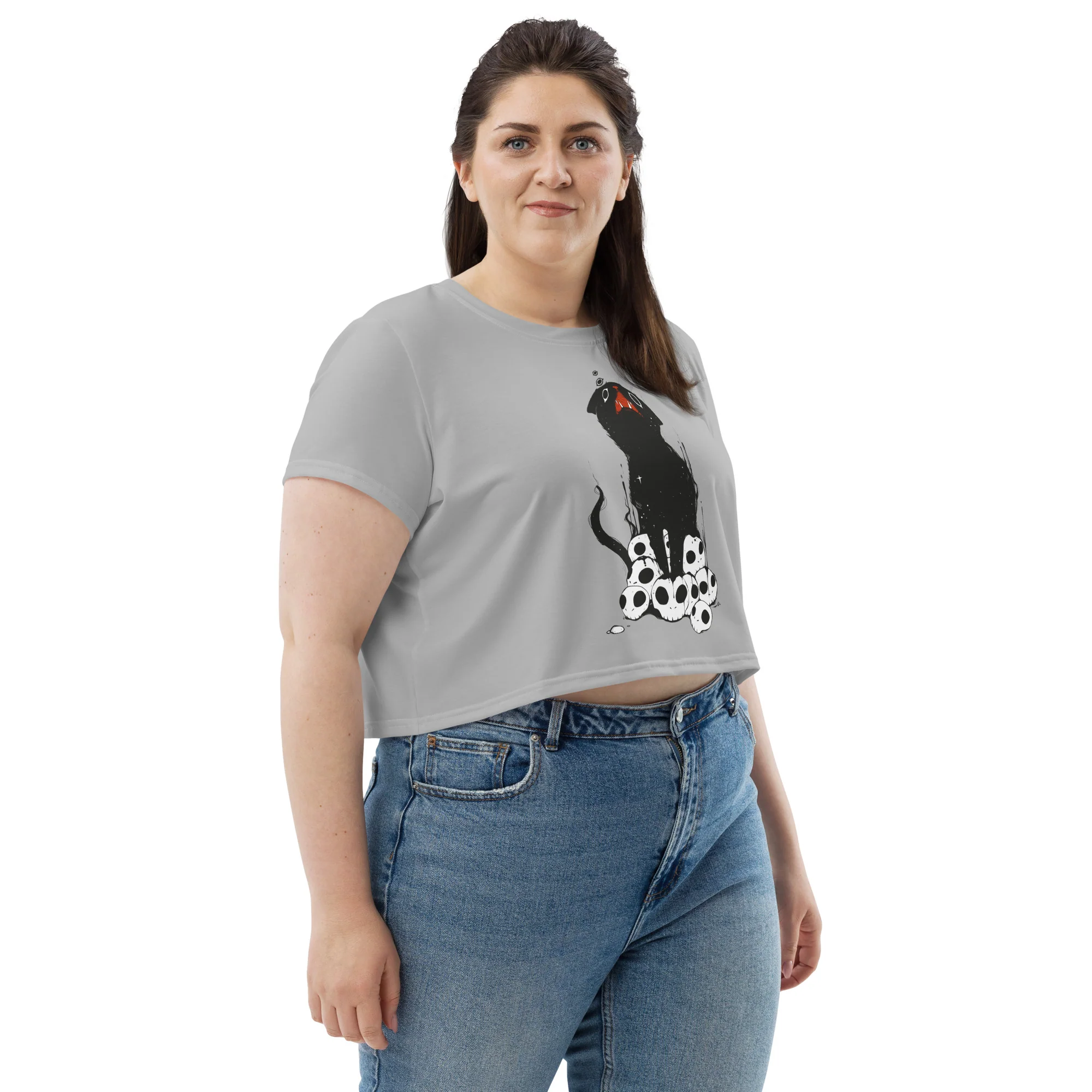 Black Cat On Skulls, Sublimation Crop Top - Image 7