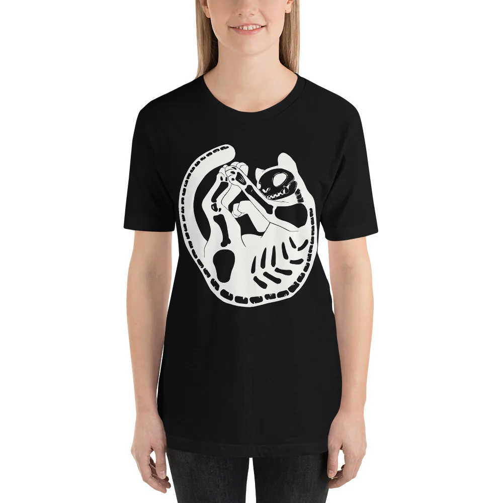 Cat Skeleton Black Unisex T-Shirt - Image 2