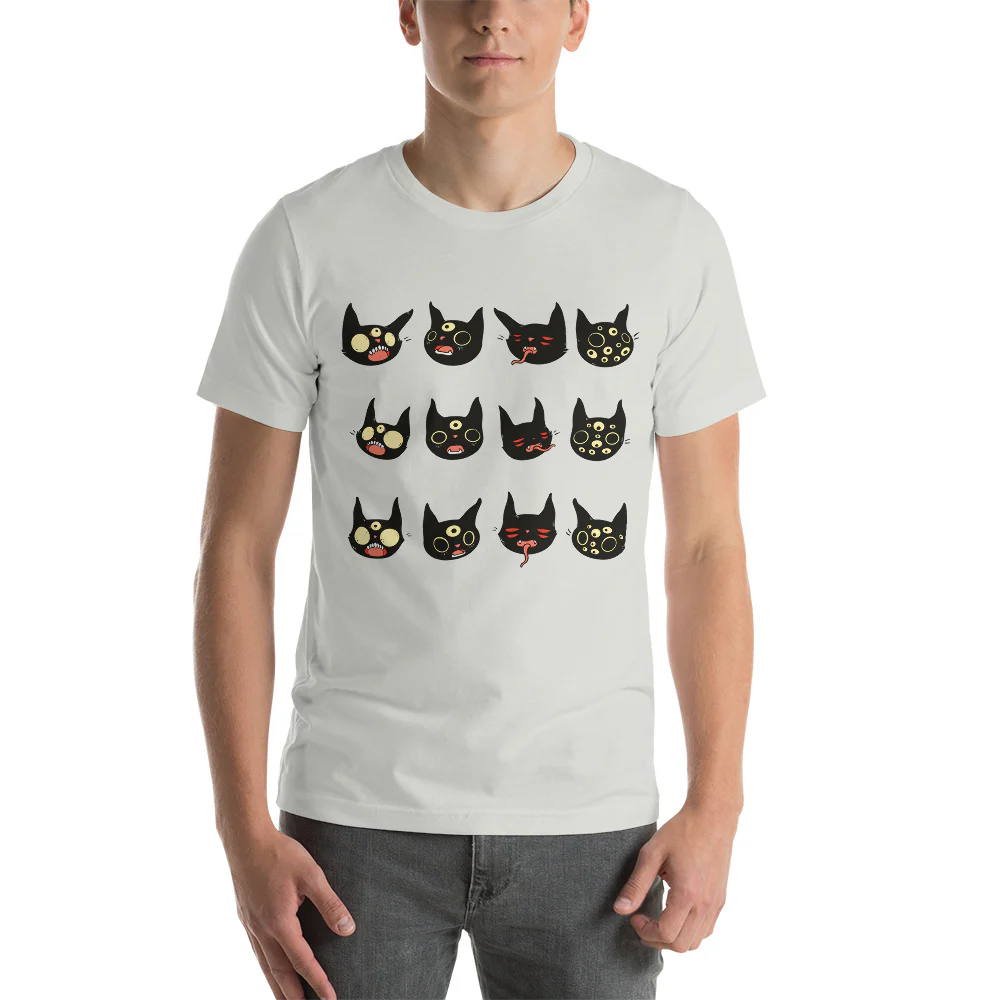 Cat Faces, Unisex T-Shirt, Silver - Image 2