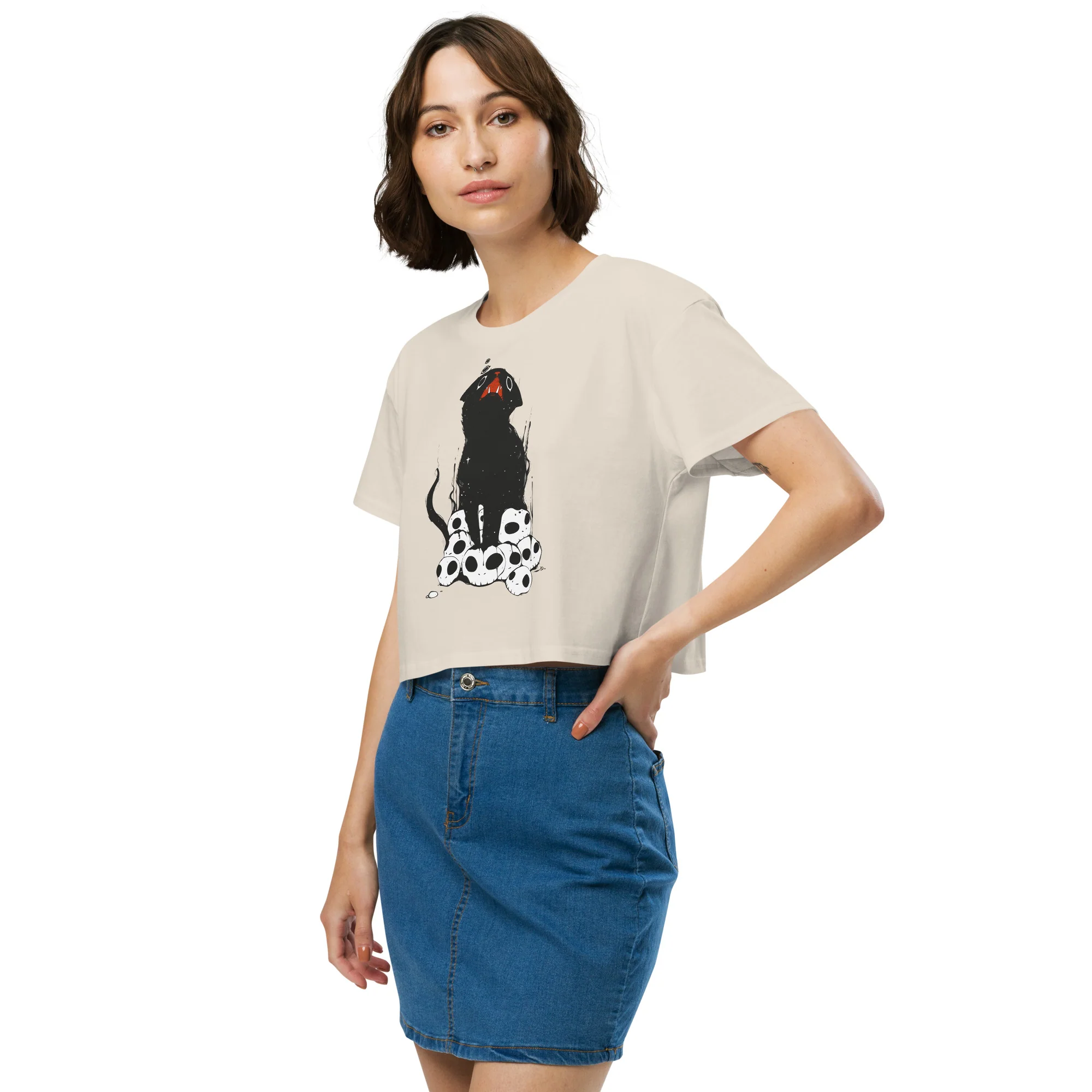 Cat On Skulls, Relaxed Crop Top - Image 2
