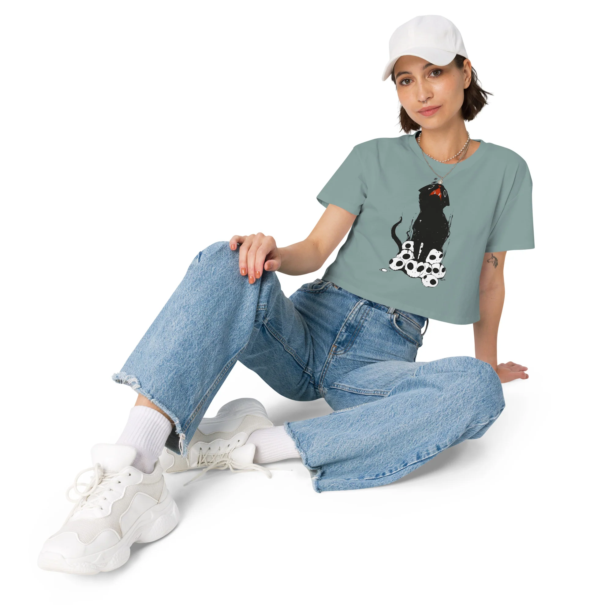 Cat On Skulls, Relaxed Crop Top - Image 2