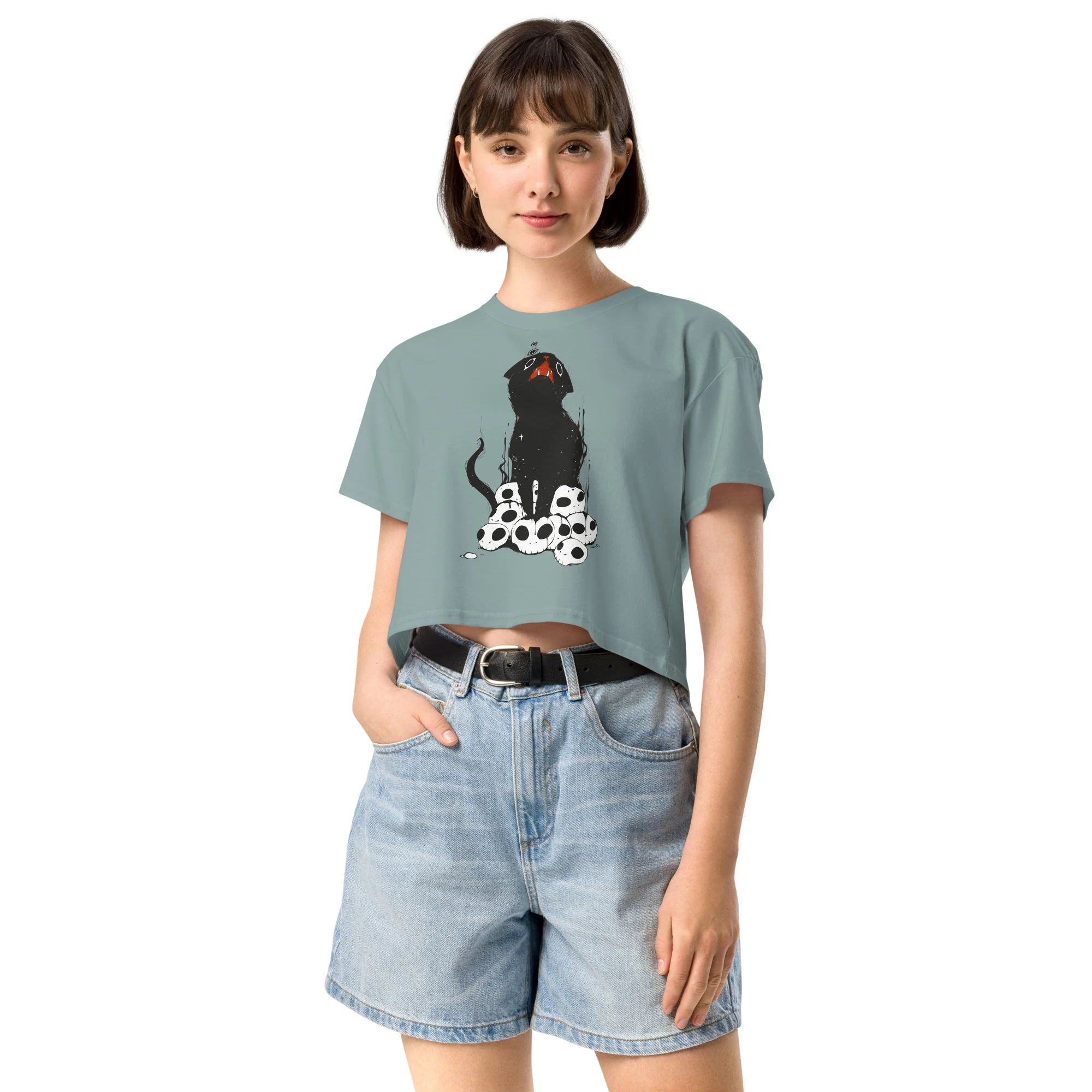 Cat On Skulls, Relaxed Crop Top - Image 4