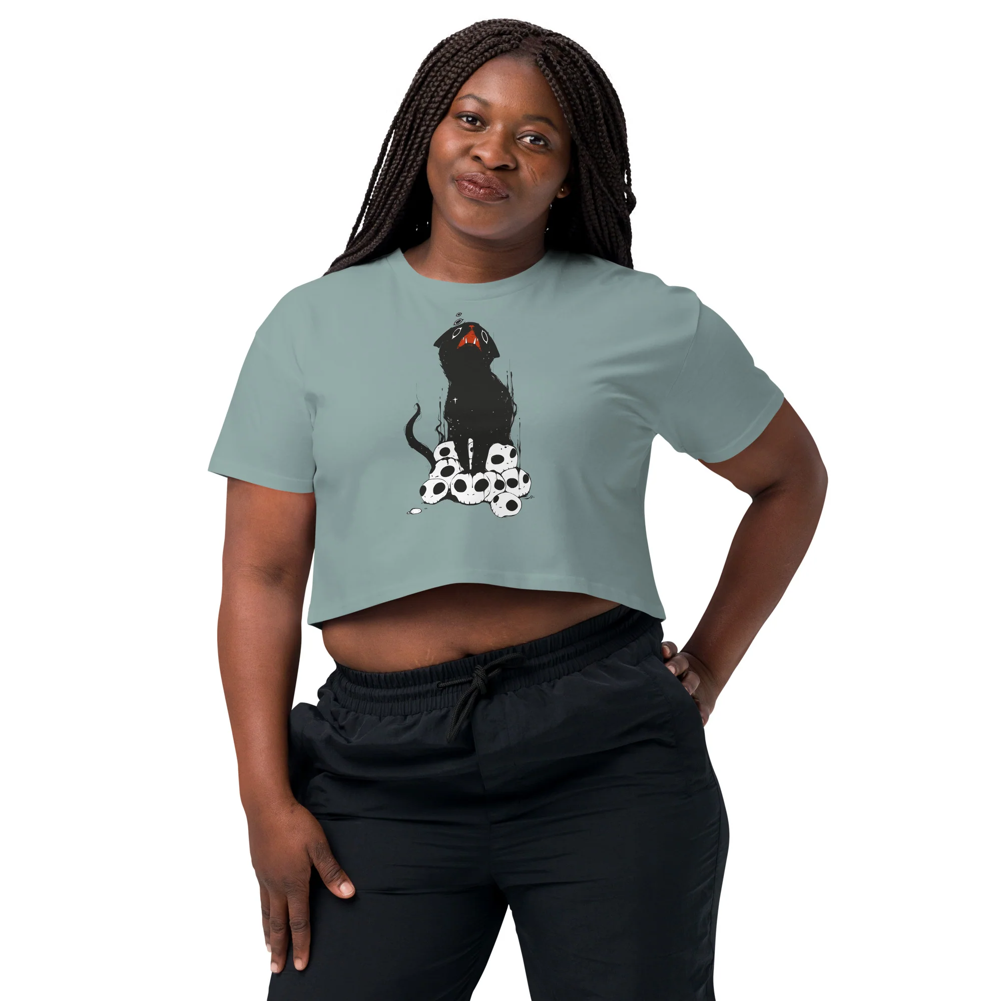 Cat On Skulls, Relaxed Crop Top - Image 5