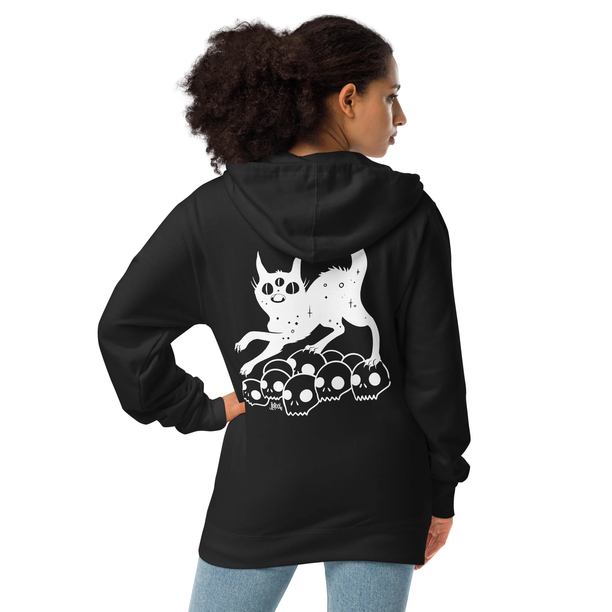 Cat On Skulls, Unisex Fleece Zip-Up Hoodie - Image 3