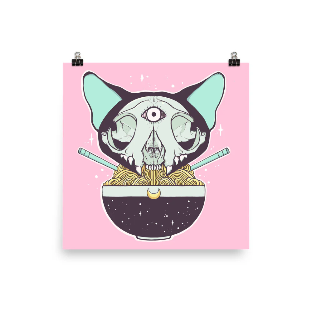Cat Skull Ramen Noodles Matte Art Print Poster - Image 3