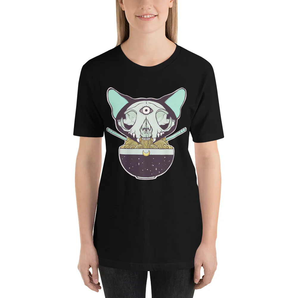 Cat Skull Ramen, Unisex T-Shirt, Black - Image 2