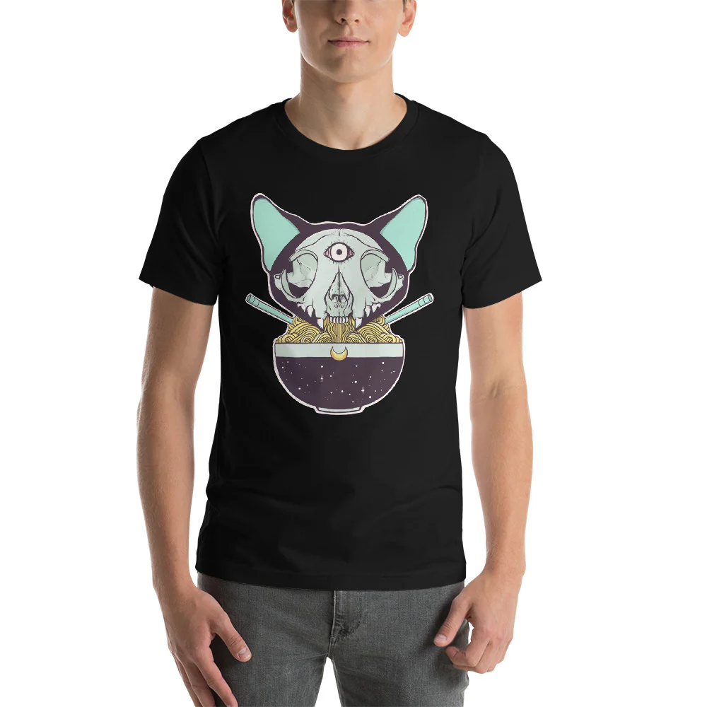 Cat Skull Ramen, Unisex T-Shirt, Black - Image 3