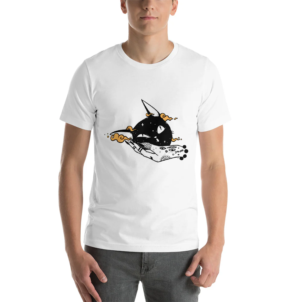 Black Cat Witch Hand, Unisex T-Shirt, White - Image 3