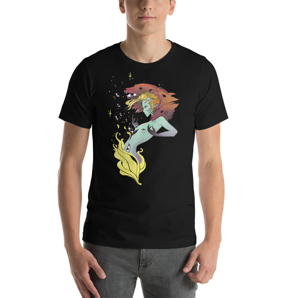 Fire Witch With Wolves, Unisex T-Shirt, Black - Image 3