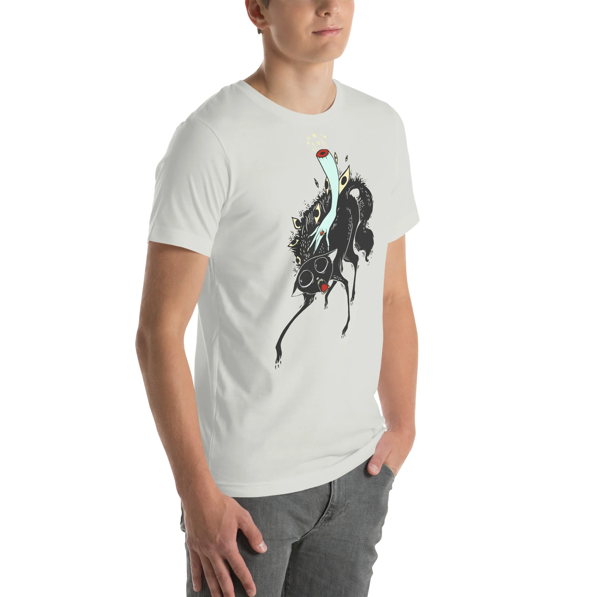 Black Cat, Unisex T-Shirt, Gray - Image 3