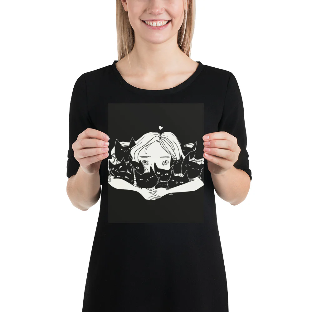 Girl Hugging Cats, Matte Art Print Poster - Image 2