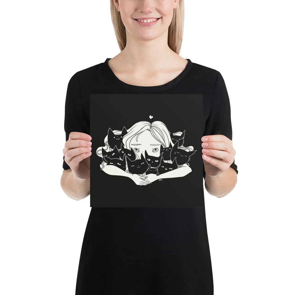 Girl Hugging Cats, Matte Art Print Poster - Image 3