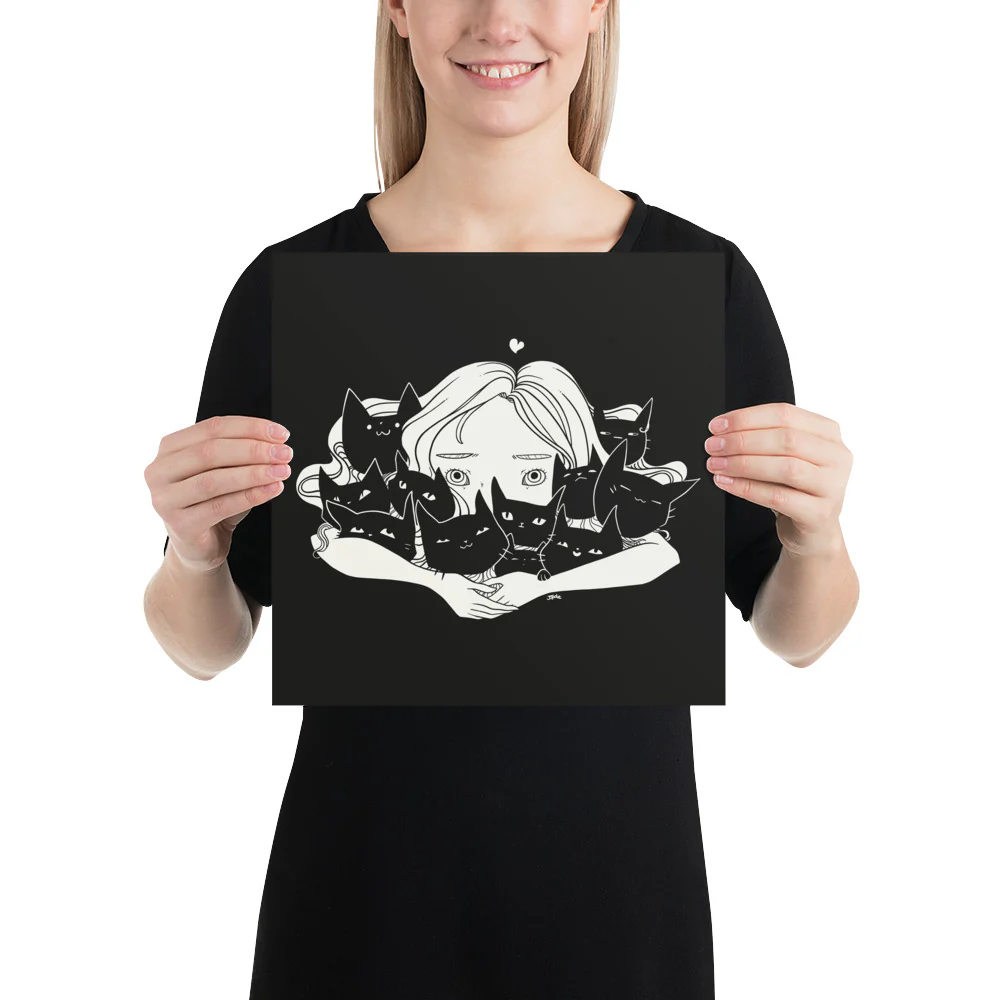 Girl Hugging Cats, Matte Art Print Poster - Image 4