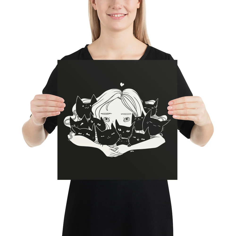 Girl Hugging Cats, Matte Art Print Poster - Image 5