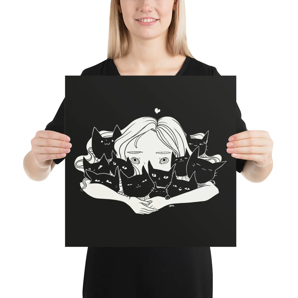 Girl Hugging Cats, Matte Art Print Poster - Image 6