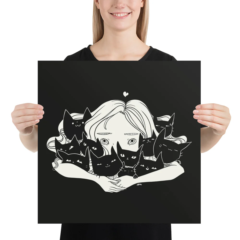 Girl Hugging Cats, Matte Art Print Poster - Image 7