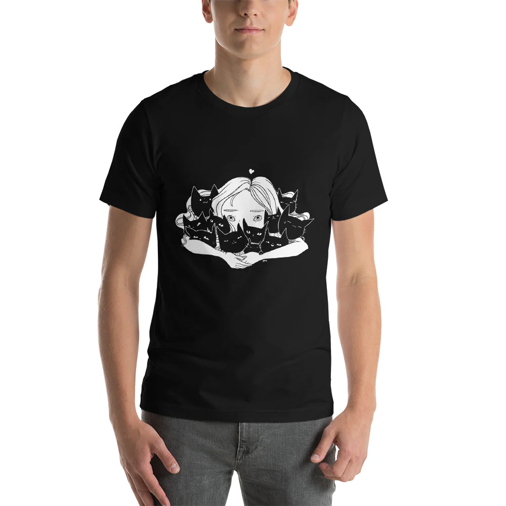 Girl Hugging Cats, Unisex T-Shirt, Black - Image 3