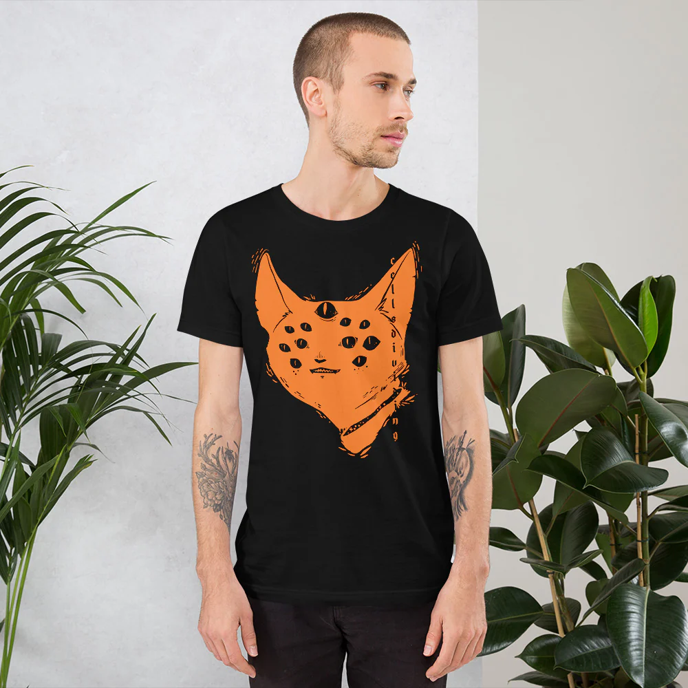 Many Eyed Cat, Unisex T-Shirt, Black - Image 3
