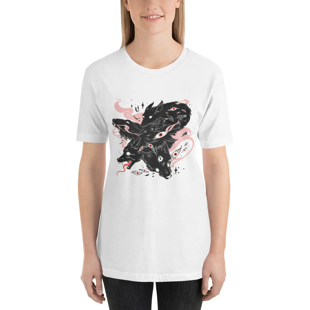 Many Eyes, Many Wolves, White, Unisex T-Shirt - Image 3