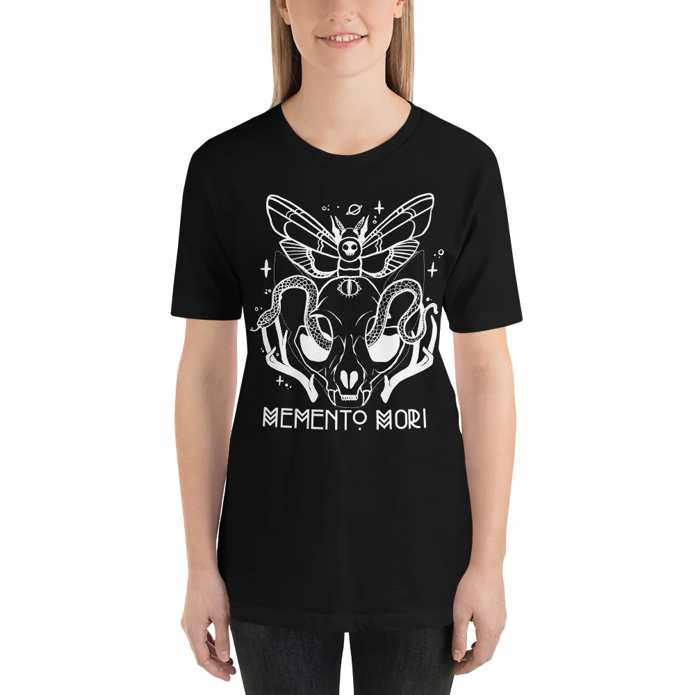 Memento Mori Cat Skull Black Graphic T-Shirt - Image 3