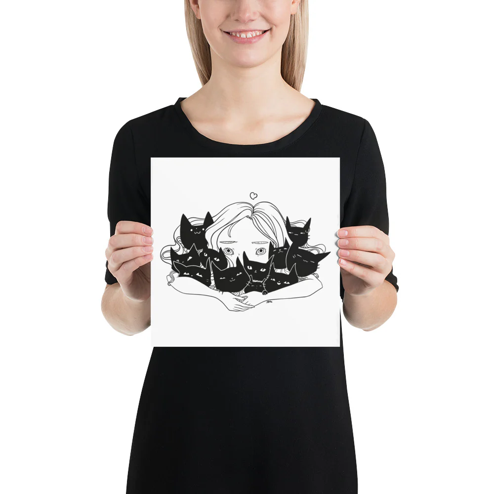 Girl Hugging Cats, Matte Art Print Poster - Image 2