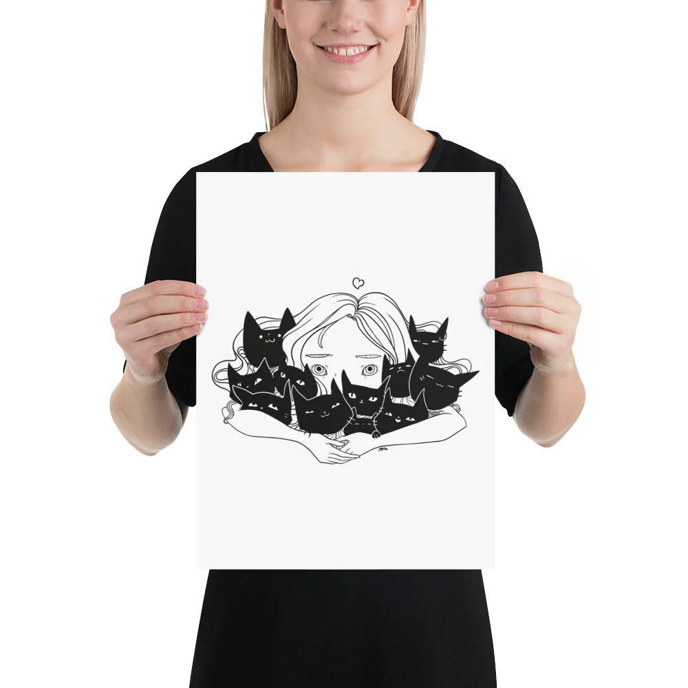 Girl Hugging Cats, Matte Art Print Poster - Image 3