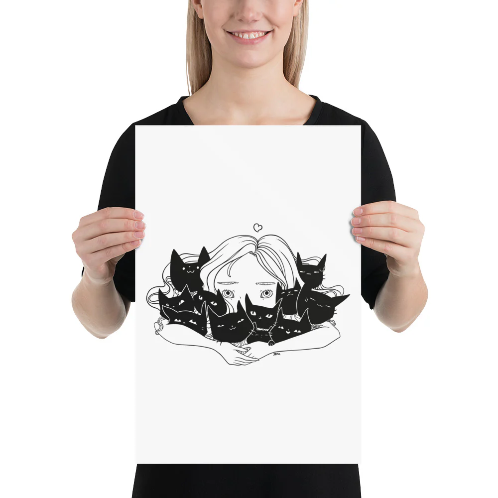 Girl Hugging Cats, Matte Art Print Poster - Image 4