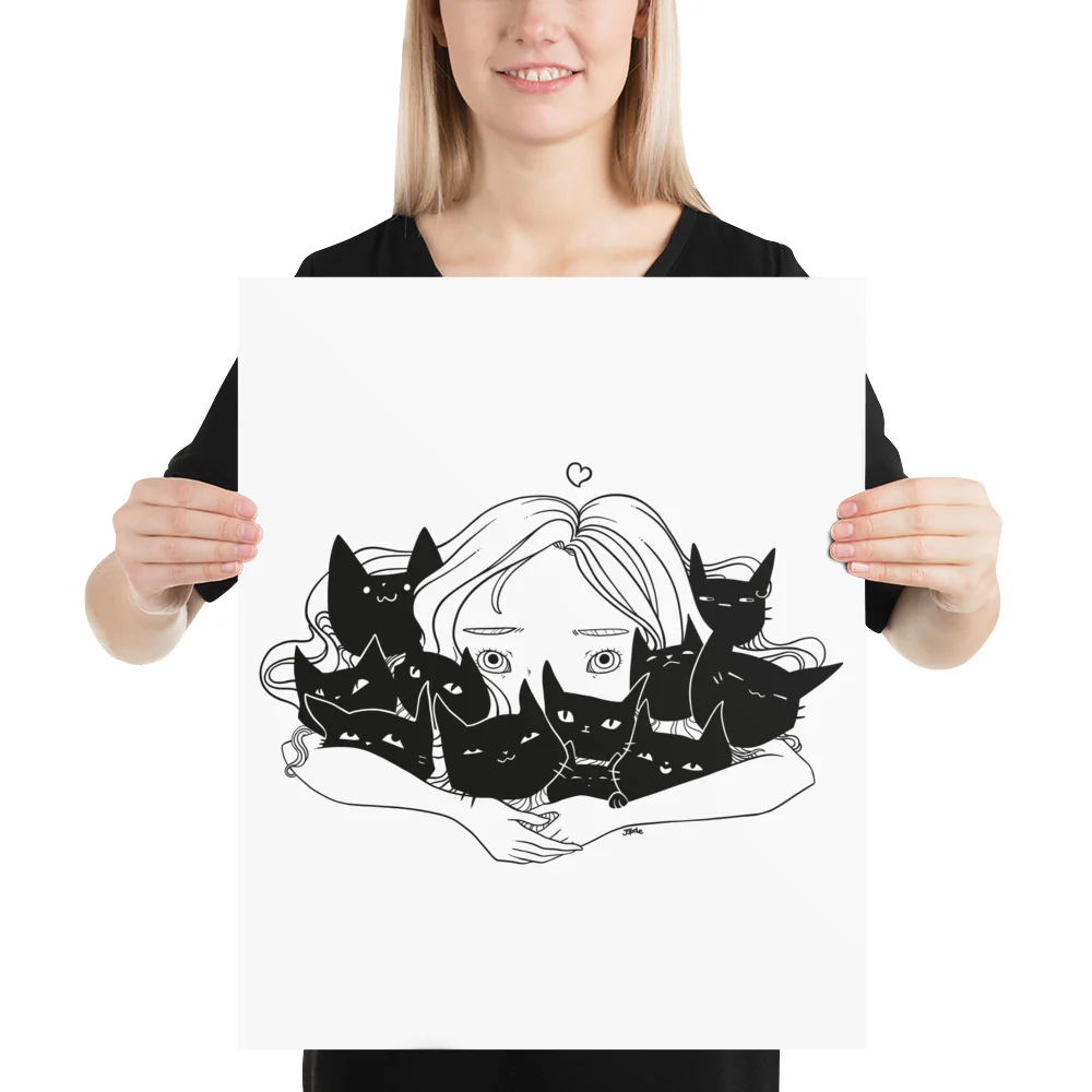 Girl Hugging Cats, Matte Art Print Poster - Image 6