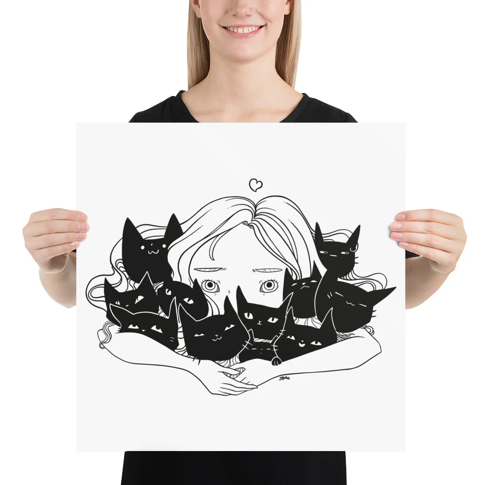 Girl Hugging Cats, Matte Art Print Poster - Image 7