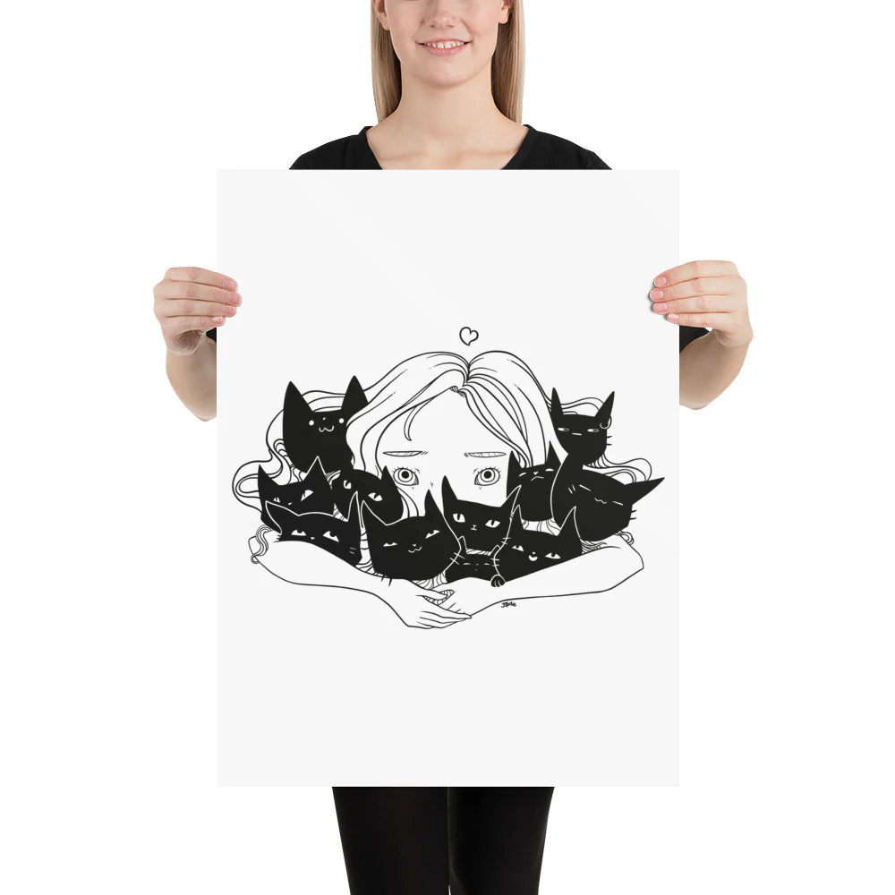 Girl Hugging Cats, Matte Art Print Poster - Image 8