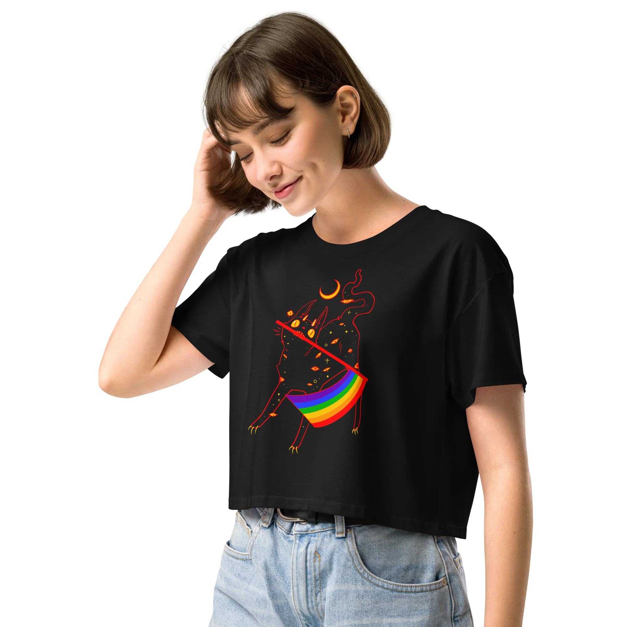 Pride Flag Cat, Relaxed Crop Top - Image 4