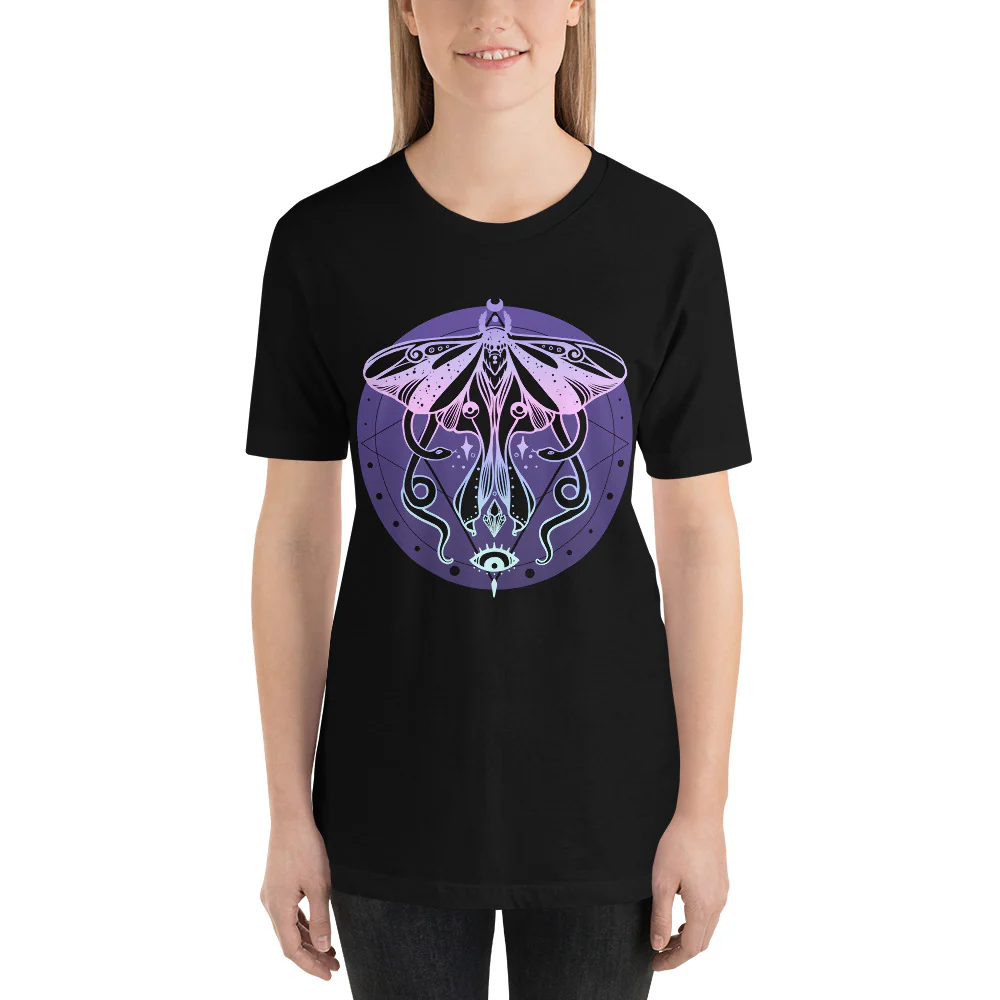 Luna Moth & Snakes Pastel Rainbow Black T-Shirt - Image 3