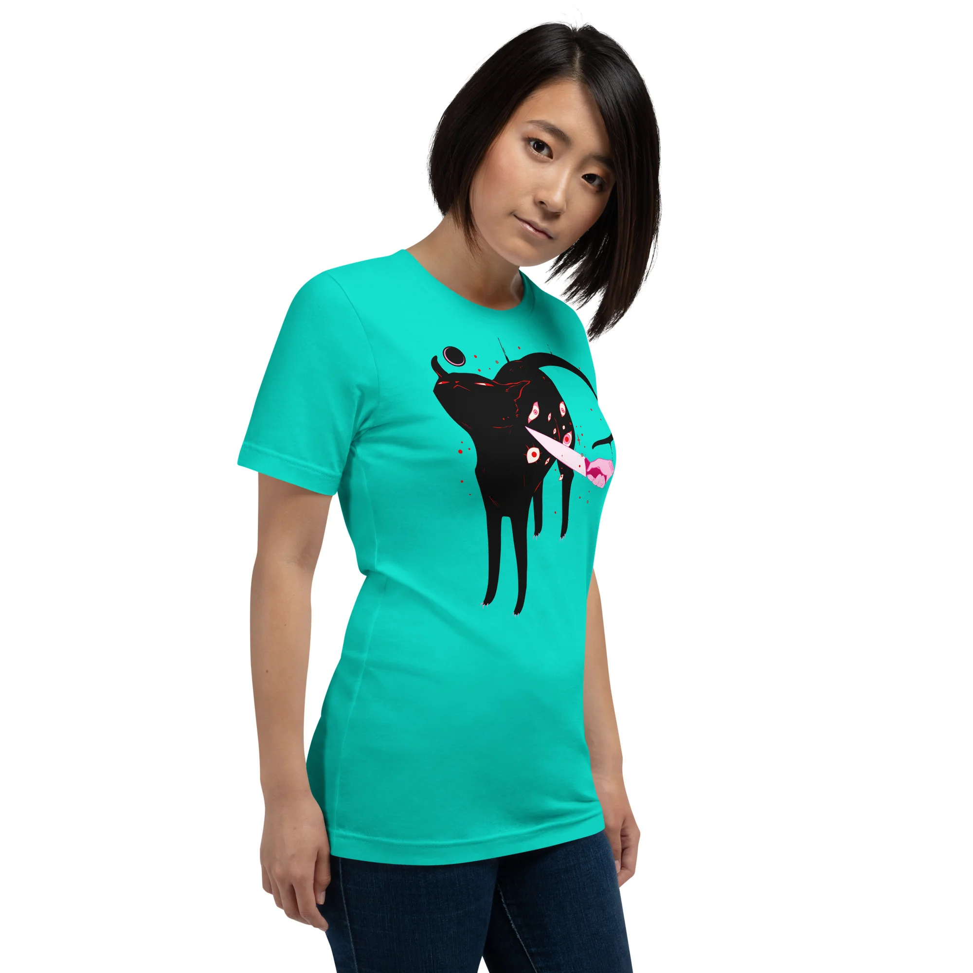 Smug Cat On Teal, Unisex T-Shirt - Image 2