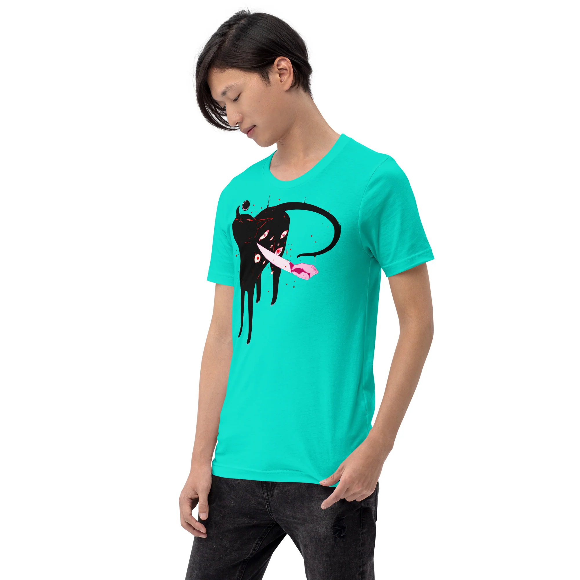 Smug Cat On Teal, Unisex T-Shirt - Image 3