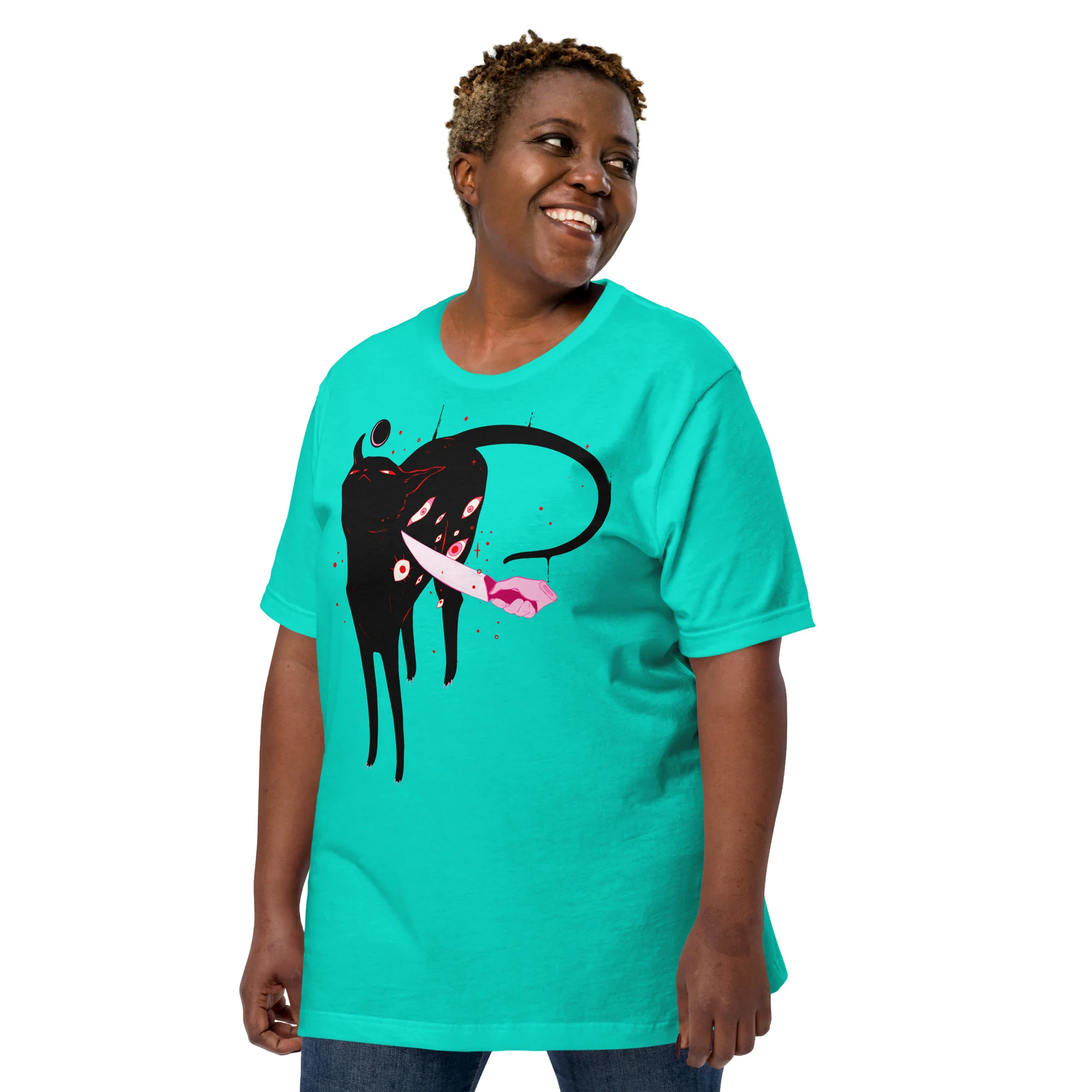 Smug Cat On Teal, Unisex T-Shirt - Image 4