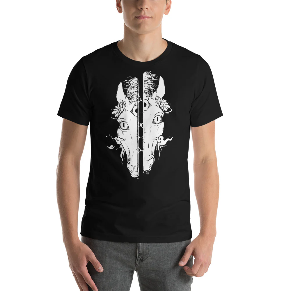 Split Face Horse, Unisex T-Shirt, Black - Image 2