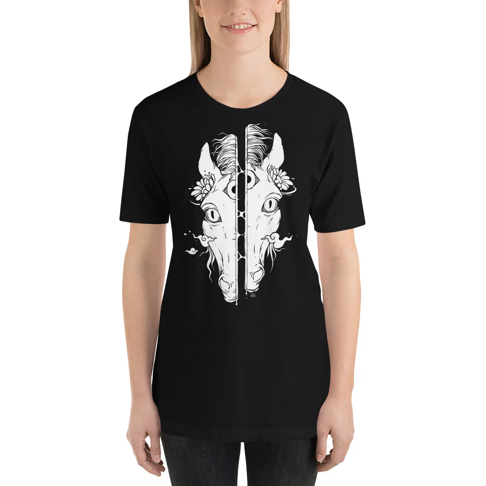Split Face Horse, Unisex T-Shirt, Black - Image 3