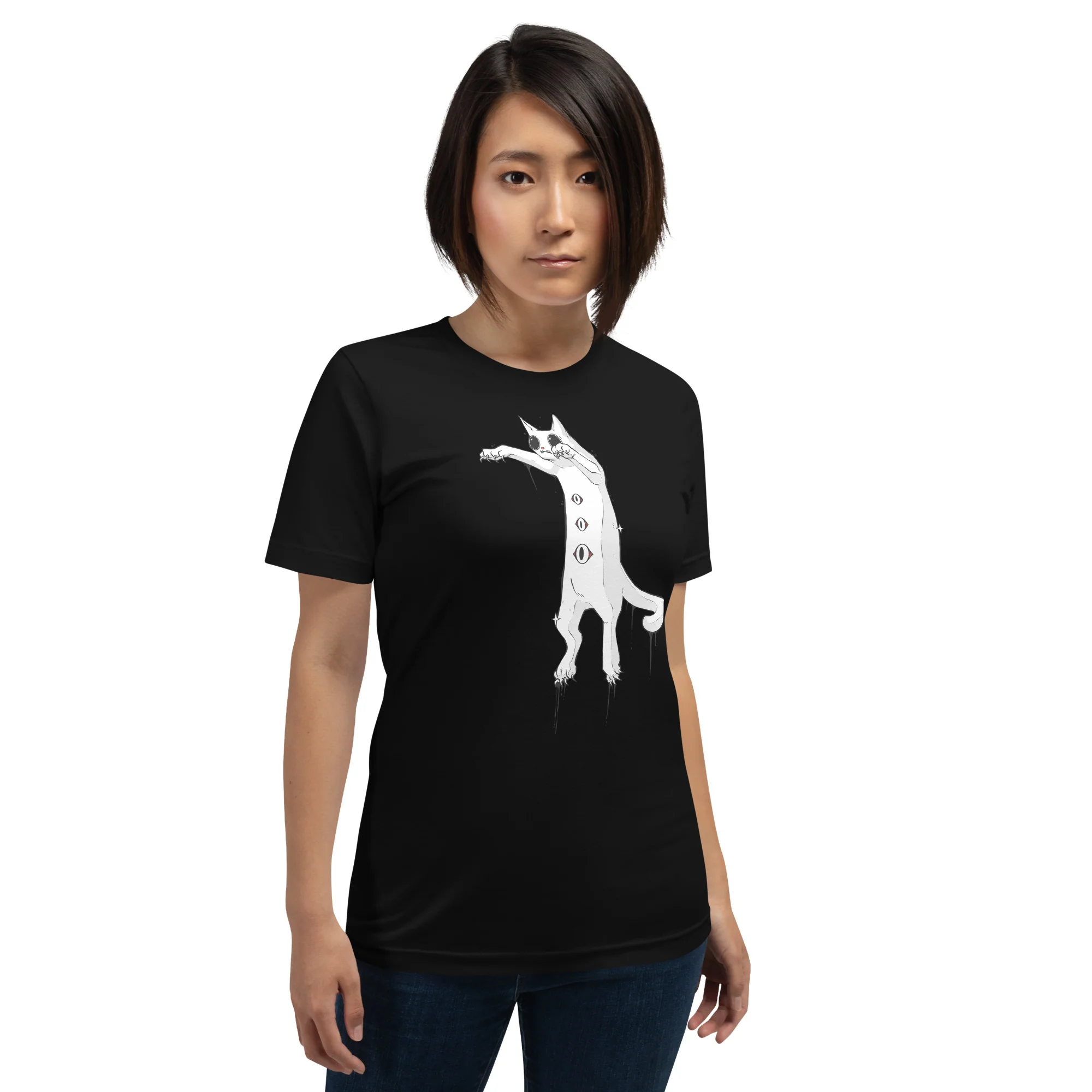 Spooky White Cat, Unisex T-Shirt - Image 4